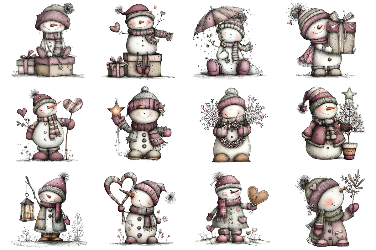 Whimsical Christmas Snowman Clipart, an Illustration by CraftArtStudio (Photo 3 of 6)