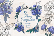Blue Peony Flowers Set, a Decorative Illustration by Papatongartist (Thumbnail 3 of 6)