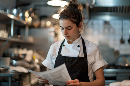 A dedicated chef studies a recipe in, a Photo by Tanuart