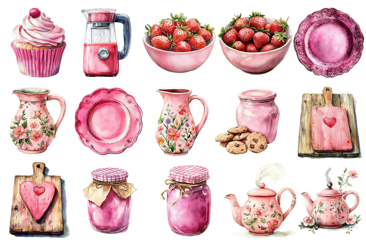 Pink Kitchen Clipart Coquette Kitche, an Illustration by Watercolor design (Photo 6 of 10)