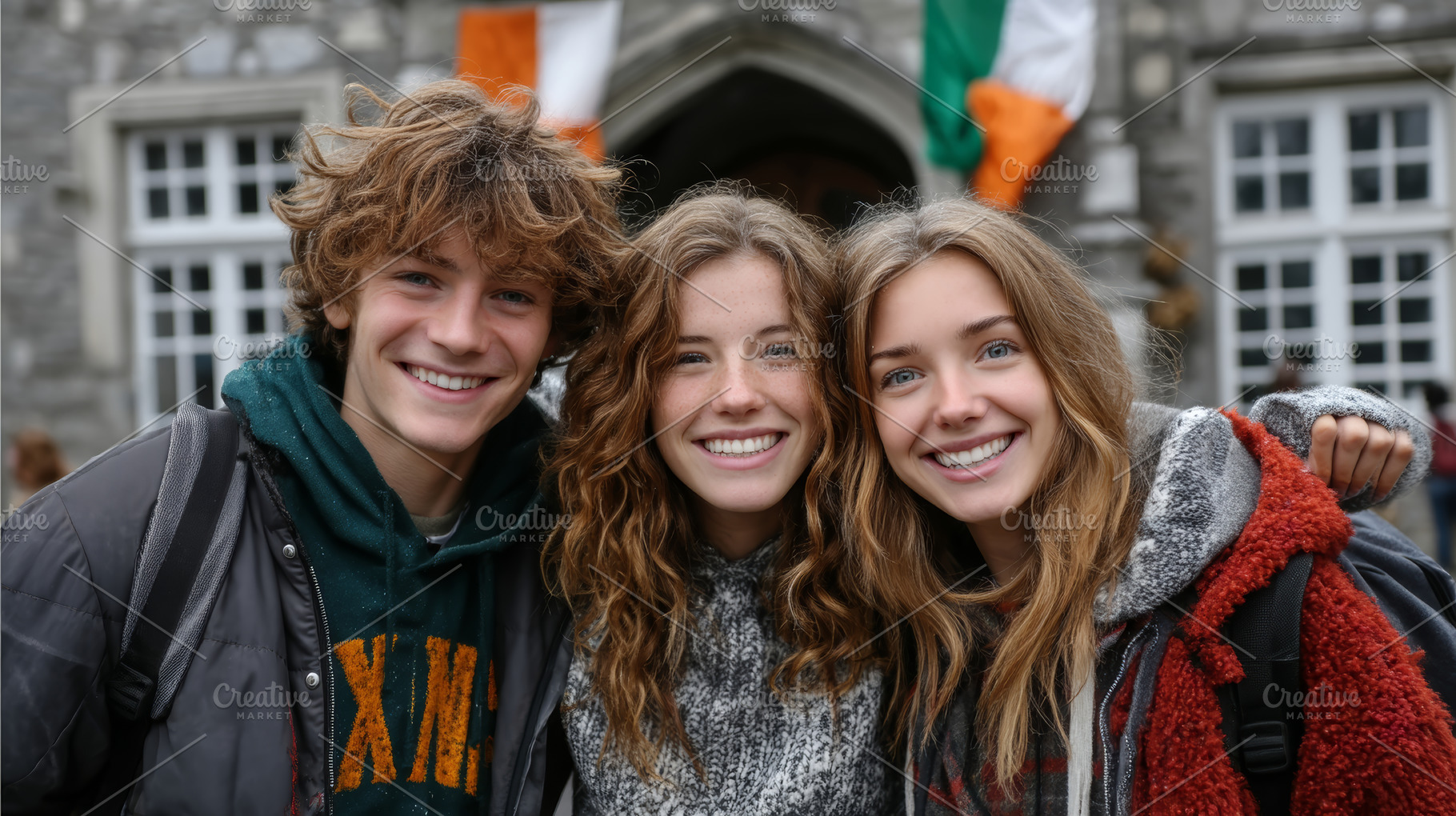 Group of students smiling warmly in front of a historical building, a Photo by AS photostudio