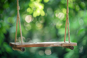 Wooden swing with rope on blurred green background, a Nature Photo by AlyaAnd