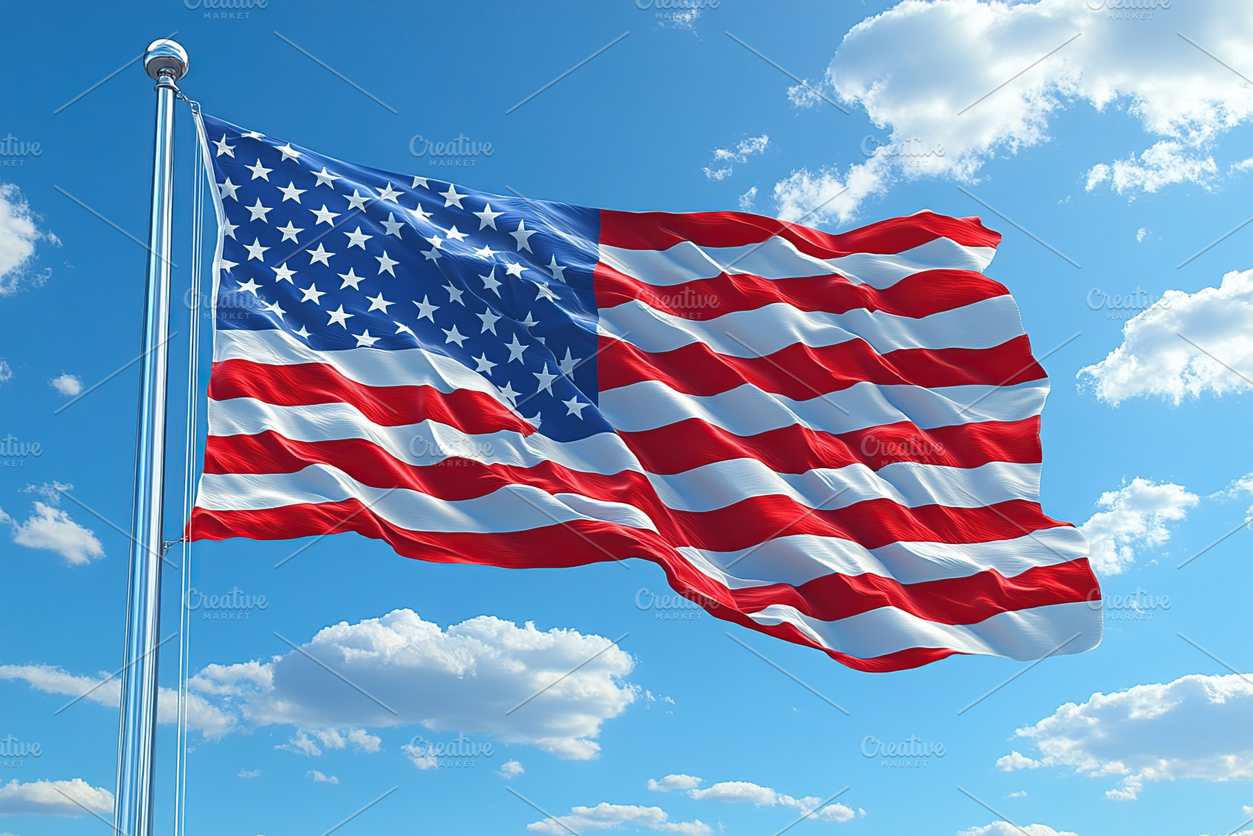 American flag fluttering in the wind on blue sky background, a Photo by AlyaAnd