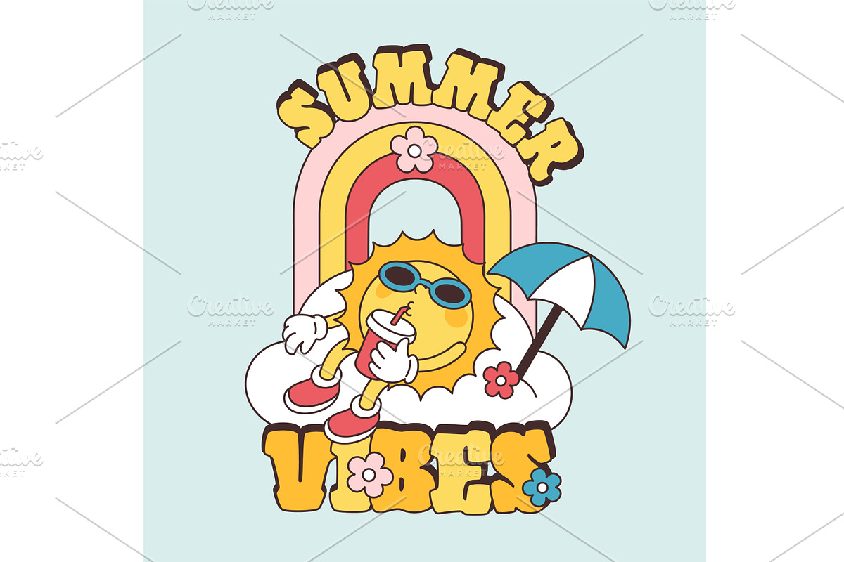 Retro happy sun character with drink, an Object Illustration by YummyBuum