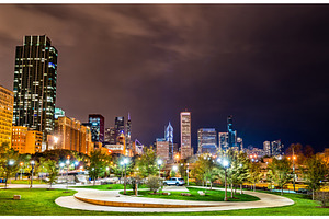 Night cityscape of chicago at grant containing chicago, skyline, and illinois, an Architecture Photo by Leonid Andronov