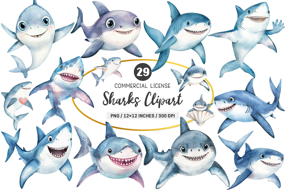 Watercolor Sharks Clipart PNG, an Illustration by SinaCreation (Photo 1 of 5)