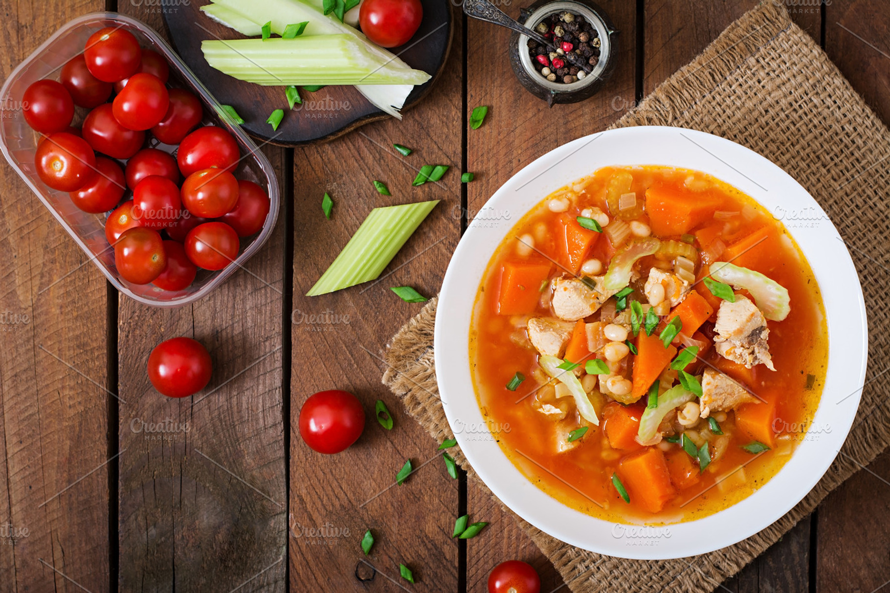 Tomato chicken soup featuring appetizer, background, and bean, a Food & Drink Photo by timolina