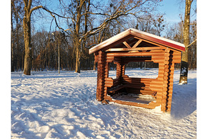 Wooden gazebo in city forest park in, a Nature Photo by Tati_Kli