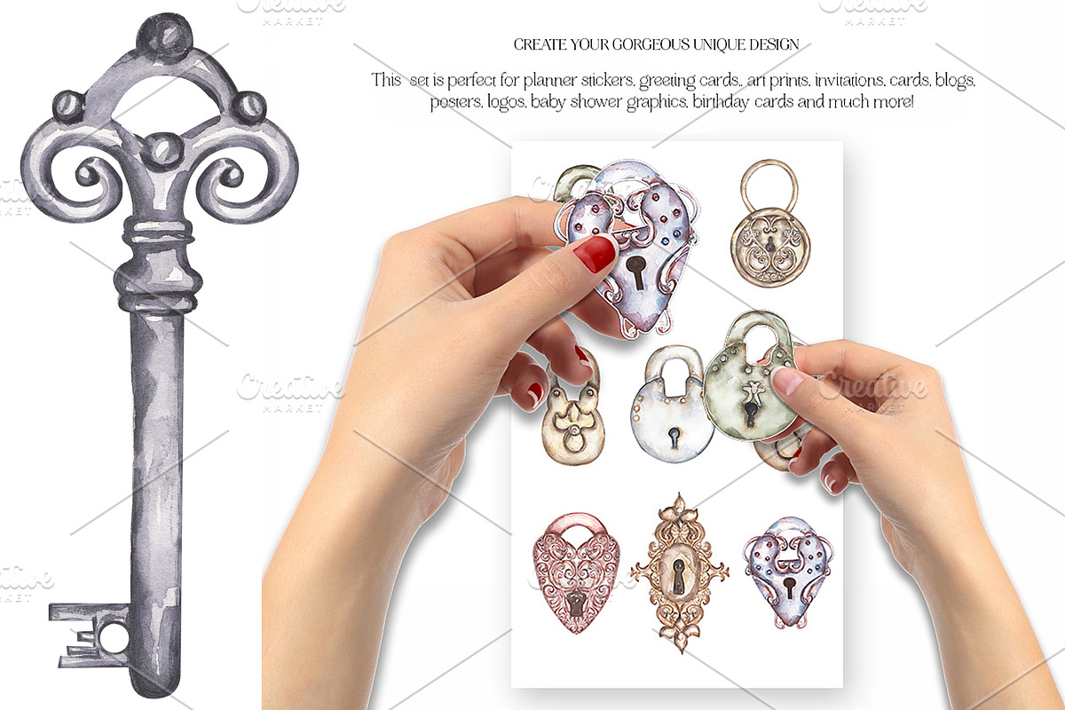 Watercolor Vintage Key Set, a Decorative Illustration by MayaNavits (Photo 3 of 12)