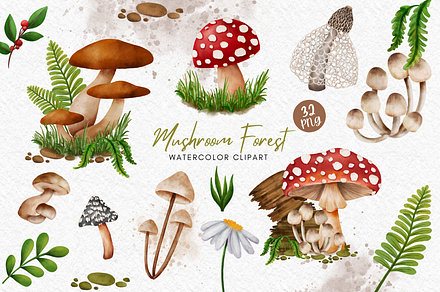 Mushroom Forest watercolor clipart, a Decorative Illustration by AkiraVilla
