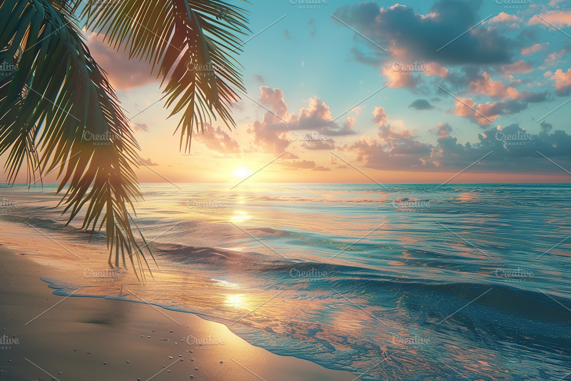 Sand on beach on ocean and sunset sky background, palm tree, a Photo by AlyaAnd
