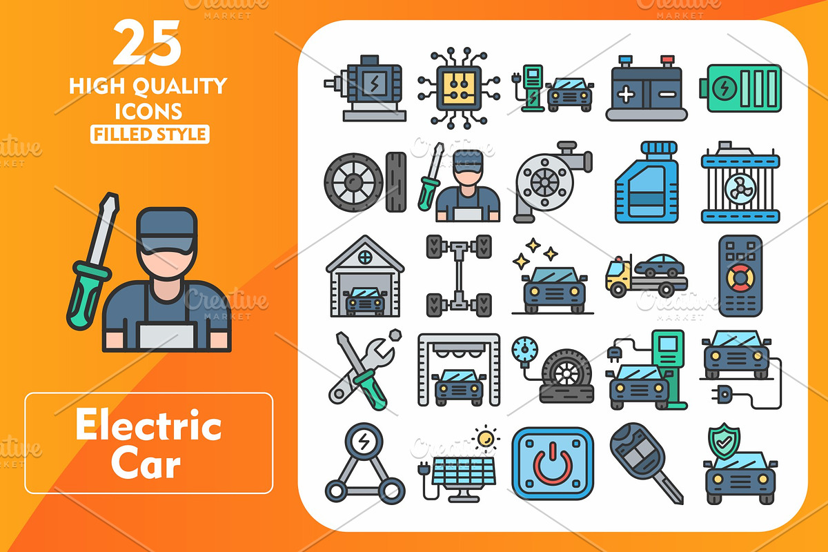 Electric Car 25 Line Filled Icons, an Icon by Pexelpy