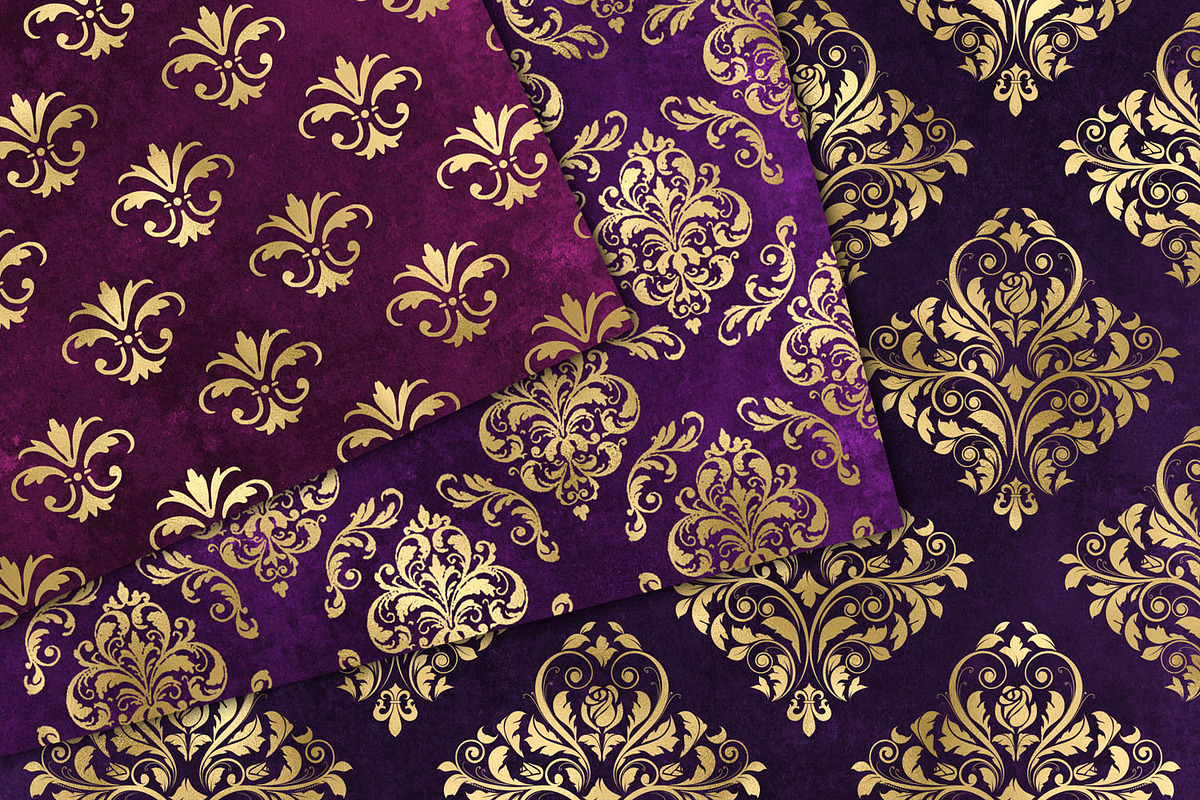 Purple and Gold Damask Digital Paper, a Pattern Graphic by Digital Curio
