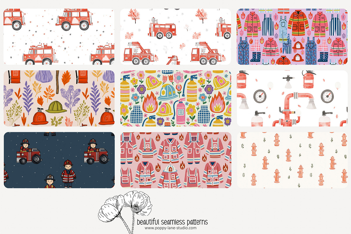 80 fire fighter seamless pattern, a Pattern Graphic by Poppy Lane Studio