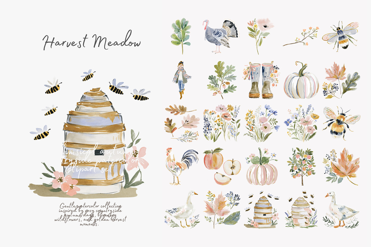 harvest meadow watercolor clipart, a Decorative Illustration by Patishop Art (Photo 6 of 10)