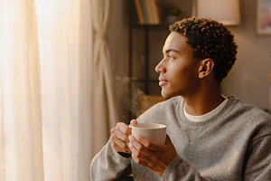Person sitting near window with cup, a Photo by DanFLCreativo
