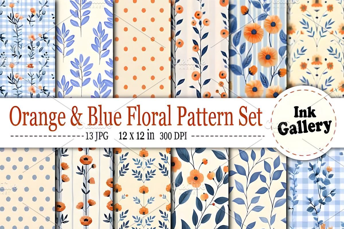 Orange & Blue Floral Pattern Set, a Pattern Graphic by Ink Gallery (Photo 1 of 3)