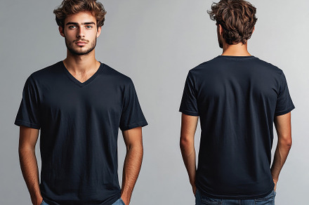 Stylish young man wearing a black V-, a Photo by Tanuart