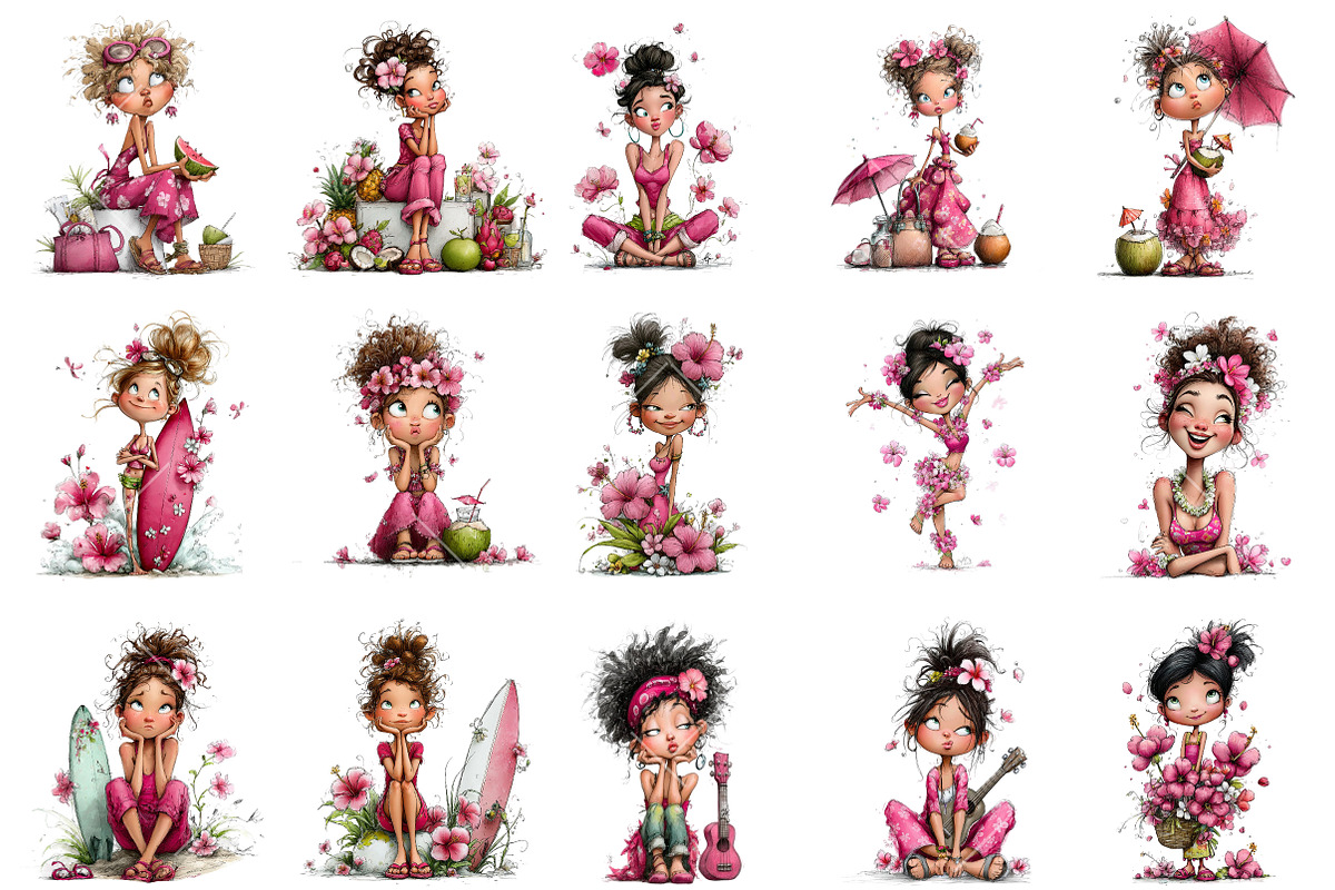 Whimsical Hawaiian Beach Girl Clipar, an Illustration by OK Design (Photo 3 of 3)