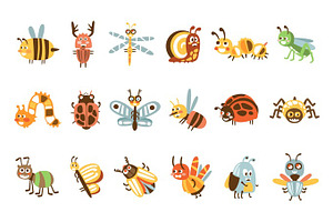 Funky Bugs And Insects Set Of Small Animals With Smiling Faces And Stylized Design Of Bodies