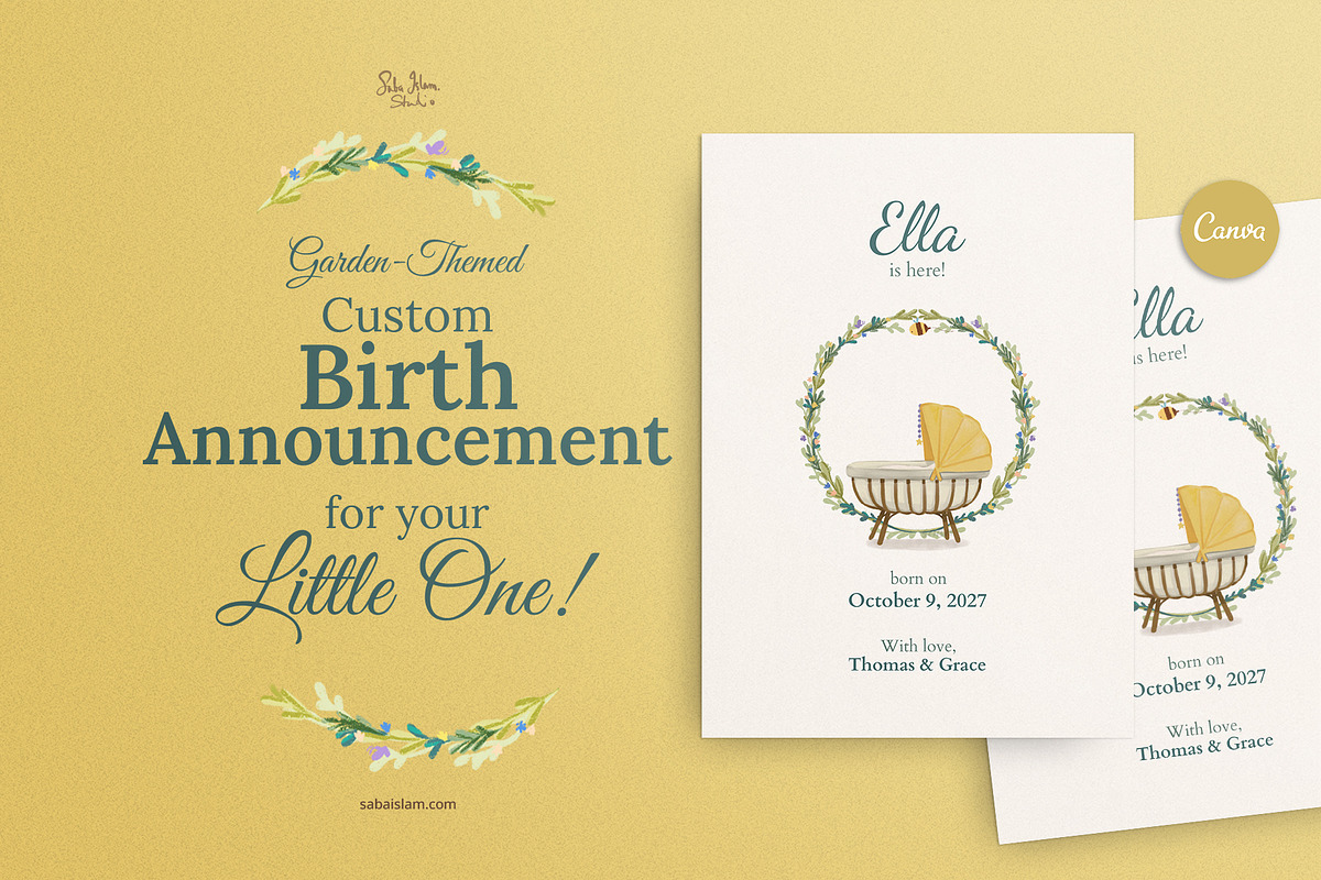 Garden Themed Birth Announcement, a Card Template by SabaIslam.Studio (Photo 1 of 7)