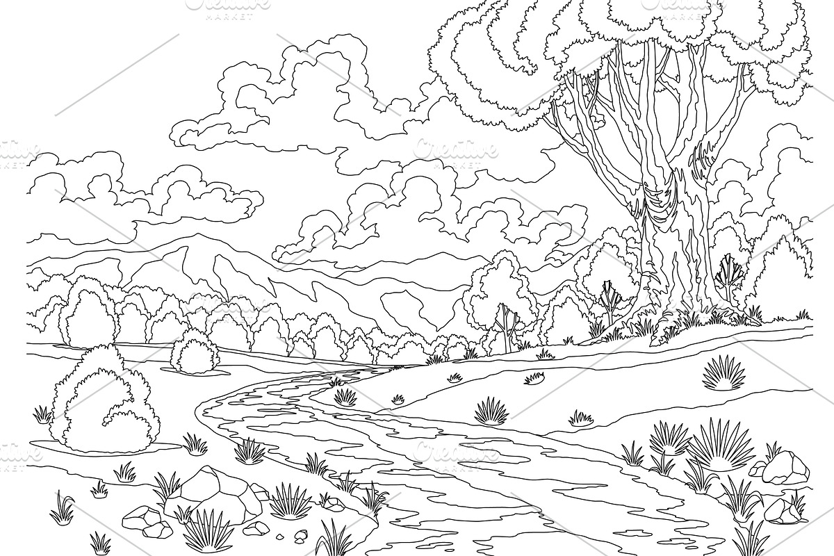 River landscape with hill, tree and, an Illustration by the8monkey