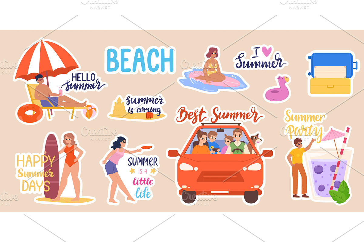 Summer stickers pack. Car travel, an Object Illustration by Valerie Bodnar