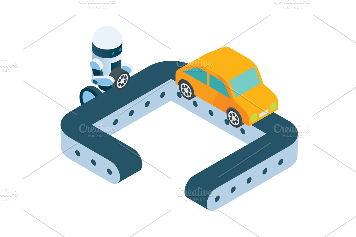 Robot working at conveyor making car, an Illustration by SiberianArt