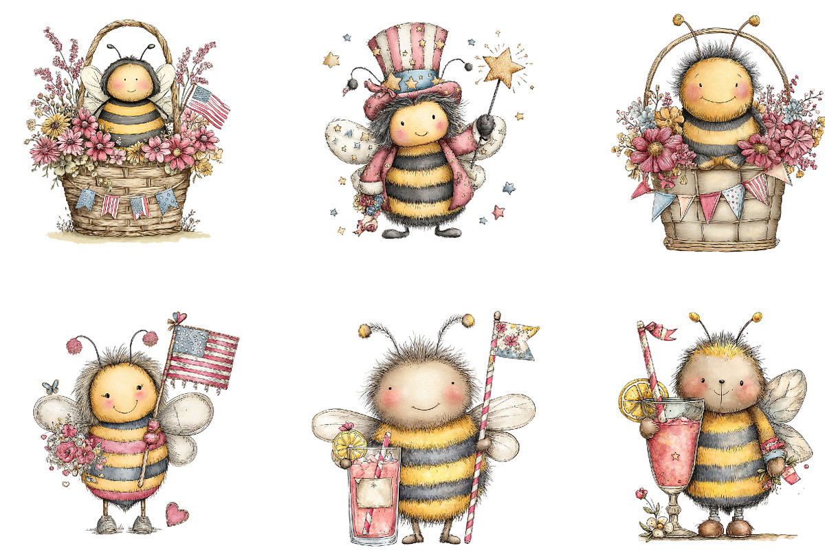 4th of July Bee Whimsical Clipart, a Seasonal Illustration by Designking (Photo 3 of 5)