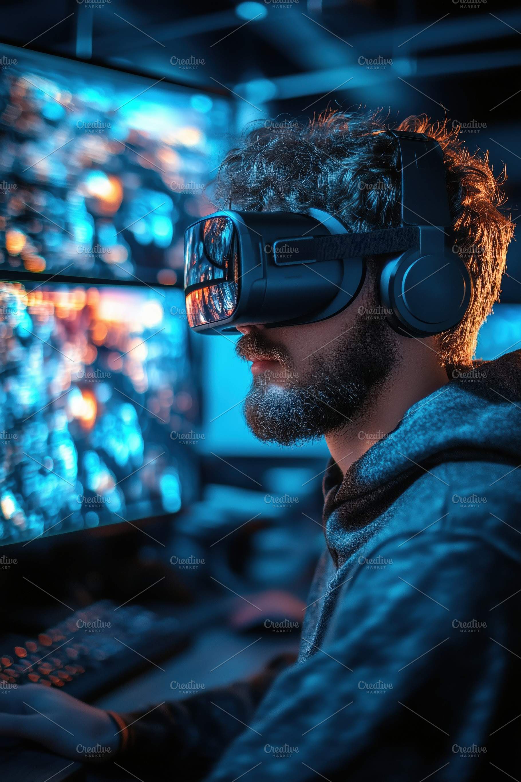 A young man virtual prototyping specialist wearing a virtual reality headset, i, a Person Photo by Textures & Backgrounds