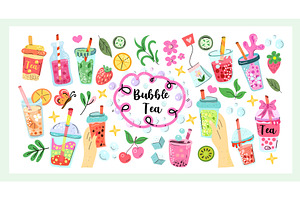 Bubble Tea Set a vibrant hand drawn, a Food Illustration by Lucia Fox