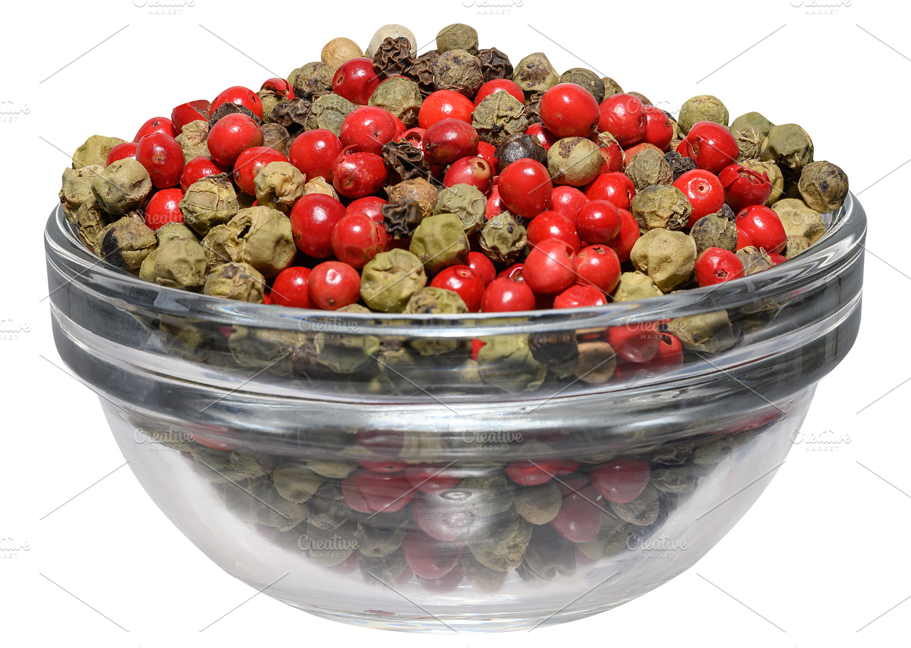 A clear glass bowl filled with a mixture of colorful red, green,, a Food & Drink Photo by ndanko