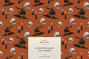 Hats & Skull Watercolor Patterns Set