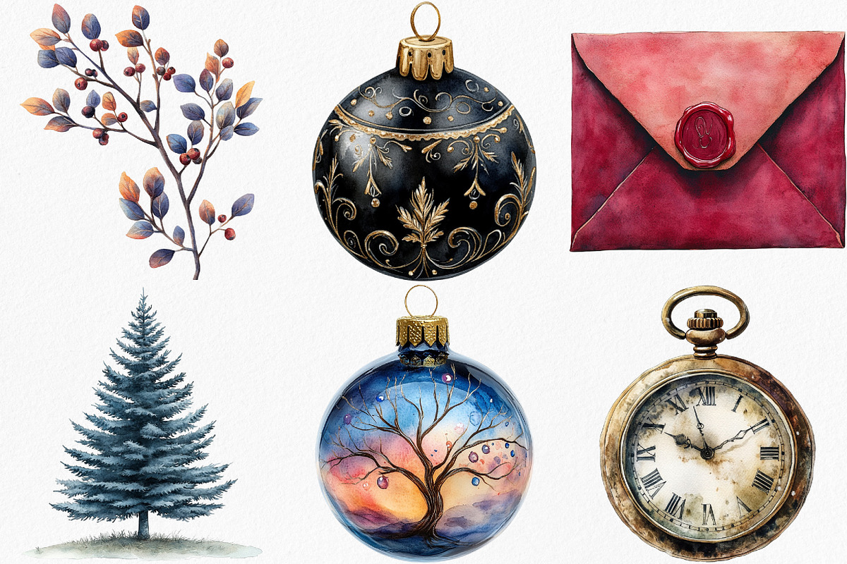 Watercolor Moody Christmas Clipart, an Illustration by Canvas Craft (Photo 4 of 8)