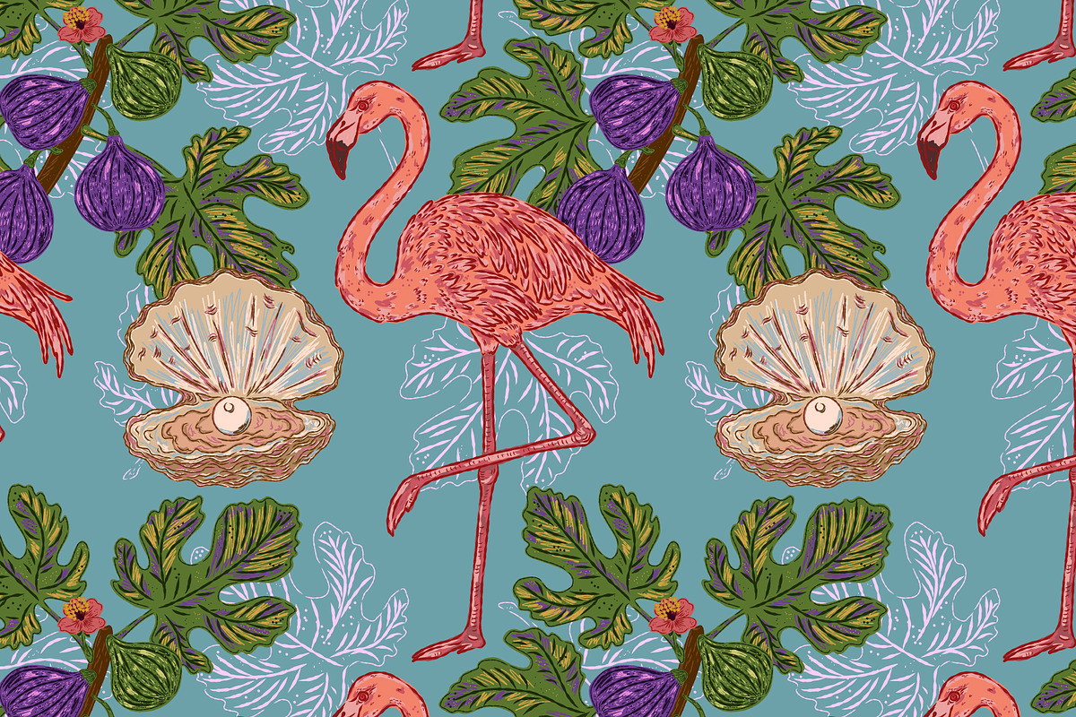 Flamingo, Fig and Pearl Oyster, a Pattern Graphic by NayaChu (Photo 5 of 9)