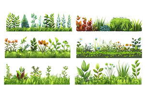 Green Meadow Cartoon Vector Set