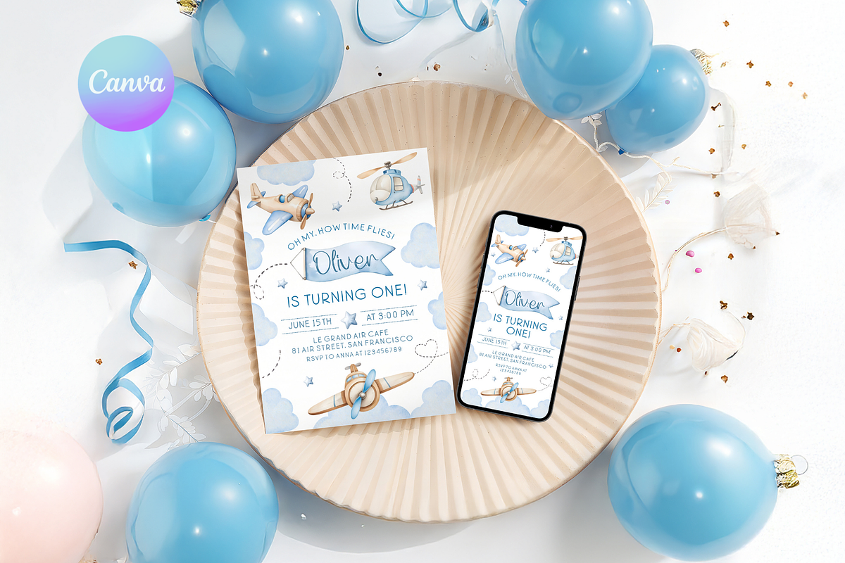 Airplane First Birthday Invite Set, a Templates & Theme by VeliusCreativeStudio (Photo 1 of 5)