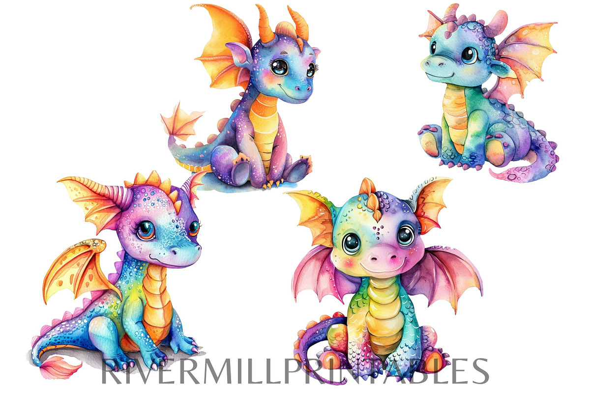 Colorful Watercolor Dragon Clipart, an Animal Illustration by Rivermill Printables (Photo 3 of 4)