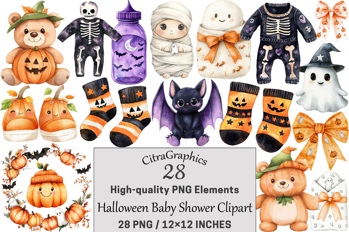 Halloween Baby Shower Clipart Bundle, a Seasonal Illustration by CitraGraphics (Photo 1 of 6)