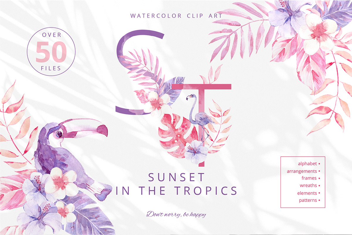 Sunset in the Tropics graphic set., a Decorative Illustration by Dinkoobraz (Photo 1 of 9)