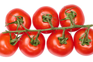 Fresh cherry tomatoes on the vine, isolated background. Juicy re, a Food & Drink Photo by ndanko