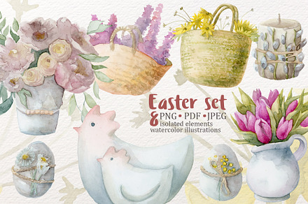 Easter watercolor set of 8 elements
