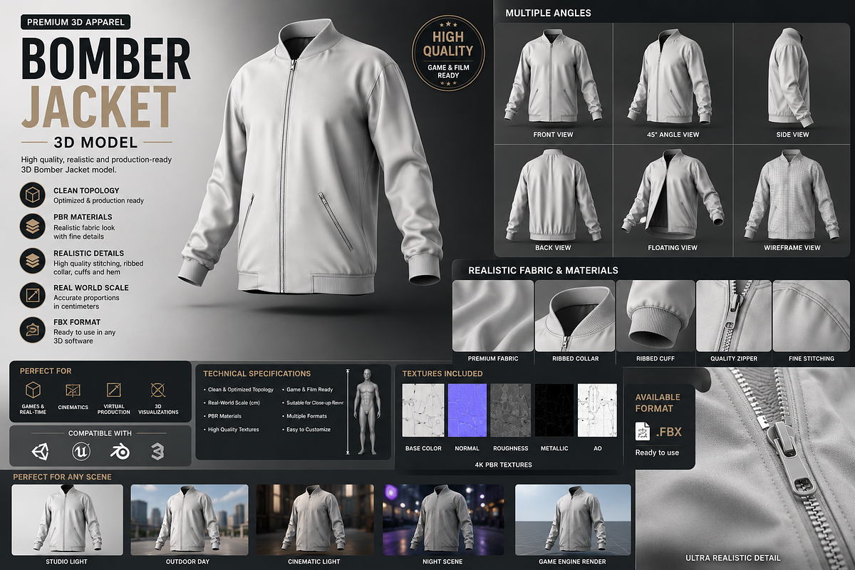Premium Bomber Jacket 3D Model FBX, an Object 3D Model by Mockup Power (Photo 3 of 4)