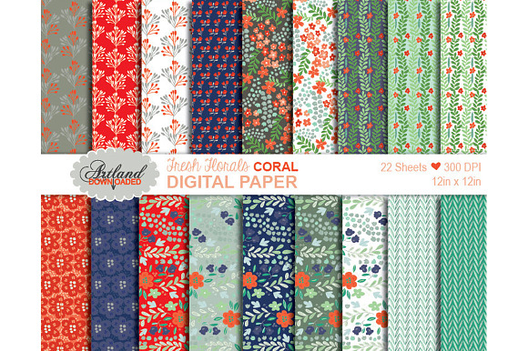Fresh Florals Digital Paper - Coral preview 2