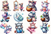 Watercolor Cute Hippo Clipart, an Illustration by OK Design (Thumbnail 2 of 5)