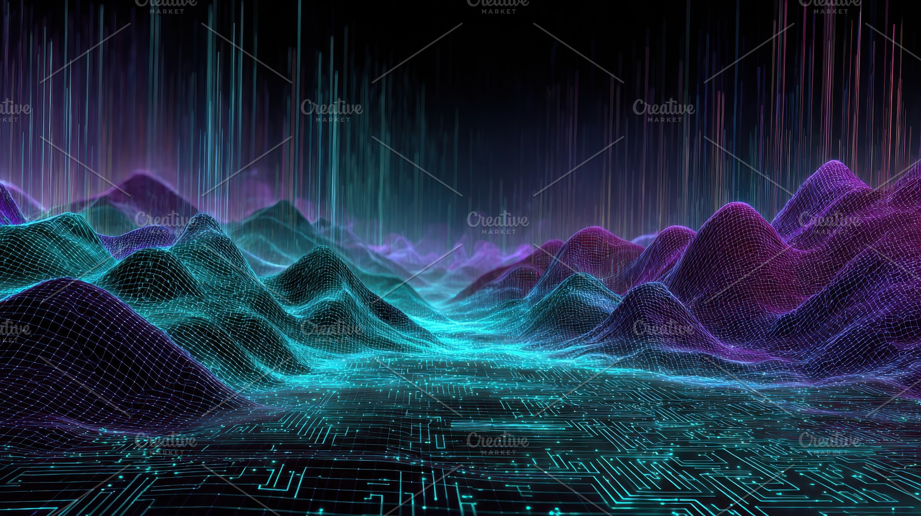 Abstract digital landscape glowing w, a Photo by Pixeness Studio