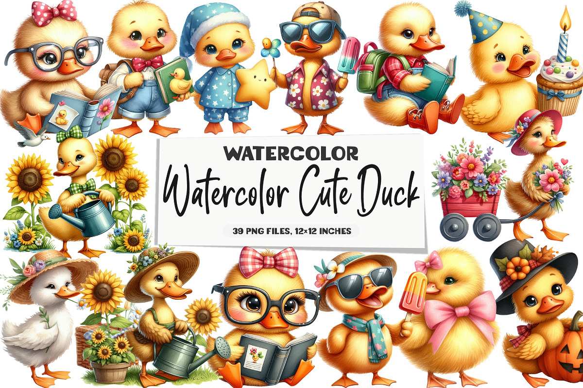 Watercolor Cute Duck Clipart, an Illustration by DreamArtGraphic (Photo 1 of 5)