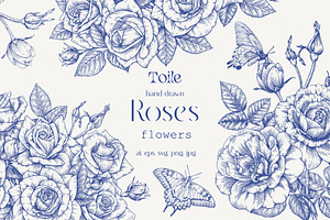 Roses Vintage set Blue Toile Vector, an Object Graphic by ON_lineart_store