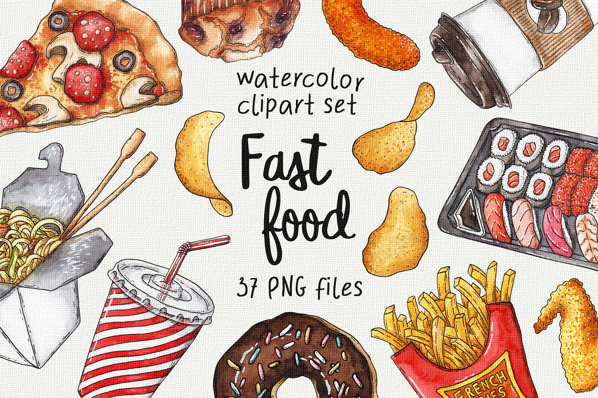 Fast food watercolor clipart, an Object Illustration by Trinibis (Photo 1 of 3)