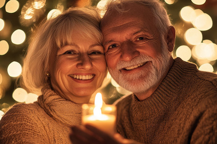 Senior Couple Embracing with Candlelight at Christmas, a Photo by Natalia Klenova's Shop